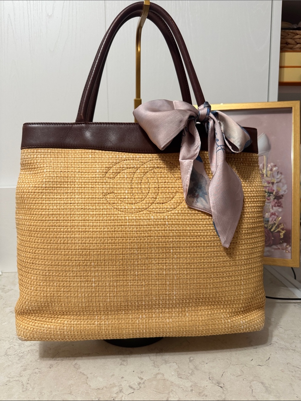 CHANEL Vintage Raffia Straw Tote with Brown Leather Trim